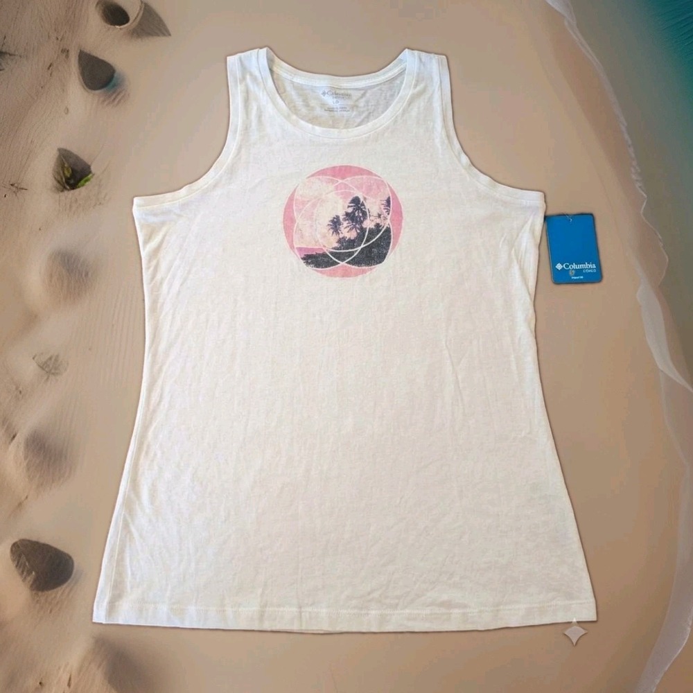 Columbia Bluff Mesa Tank Womens Large White Palm Sunset Graphic AL1473-104 NEW